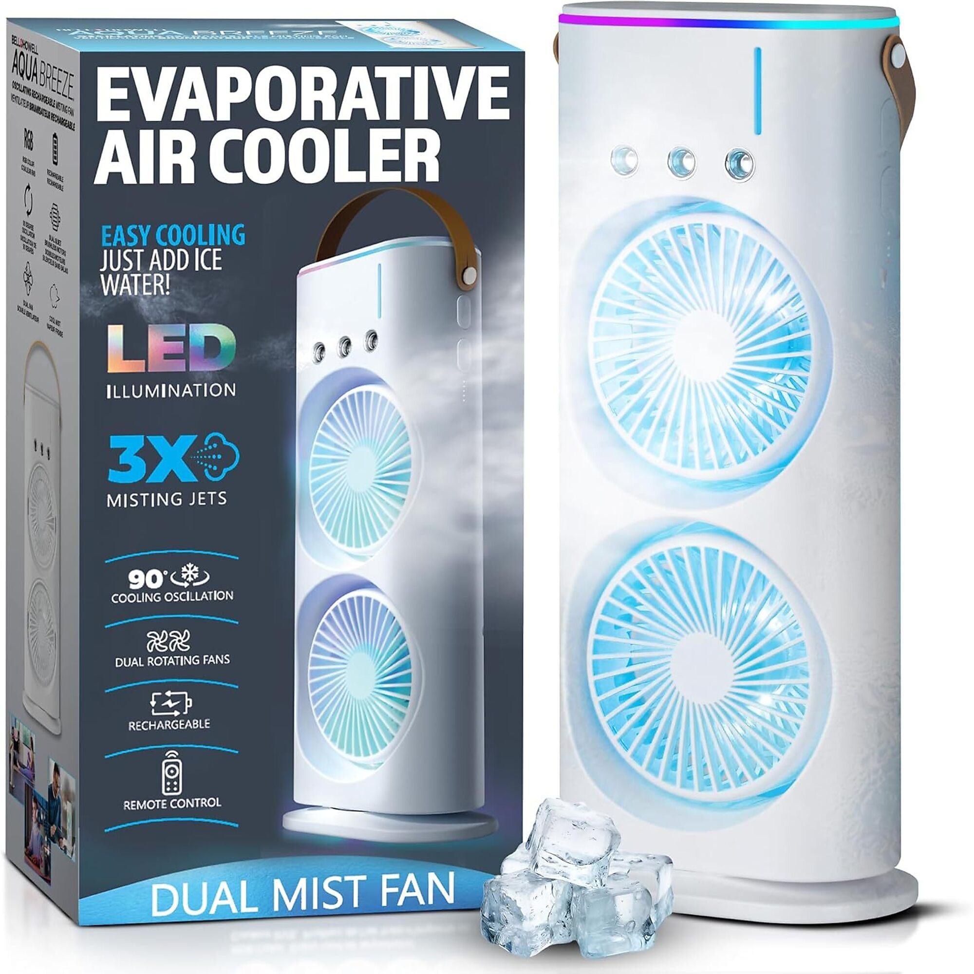 Bell + Howell Aqua Air Portable Misting Fan, Rechargeable, Oscillating, RGB Color Changing LED, Remote Control, 2400